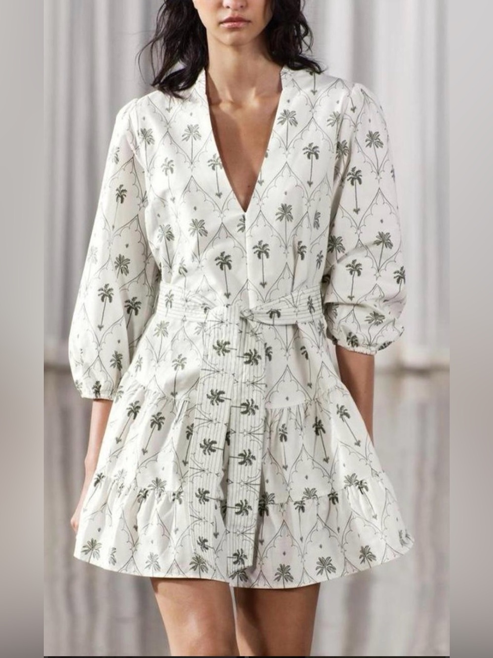 Zara White Mini Dress with Olive Palm Print